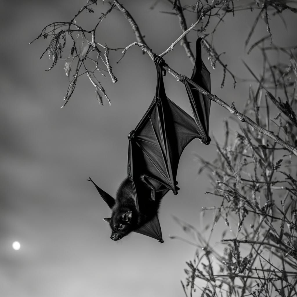 Bat Hanging Upside Down at Night Near Pond
