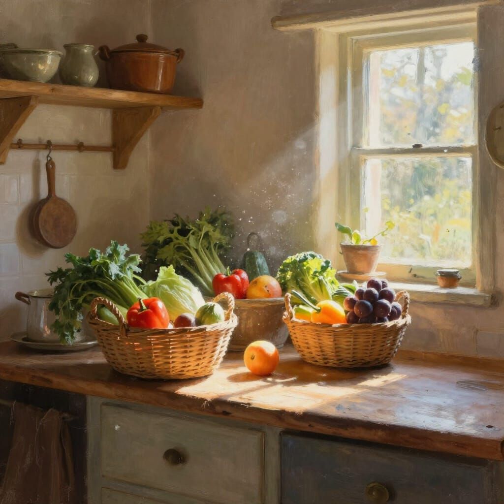 Sunlit Rustic Kitchen with Fresh Produce