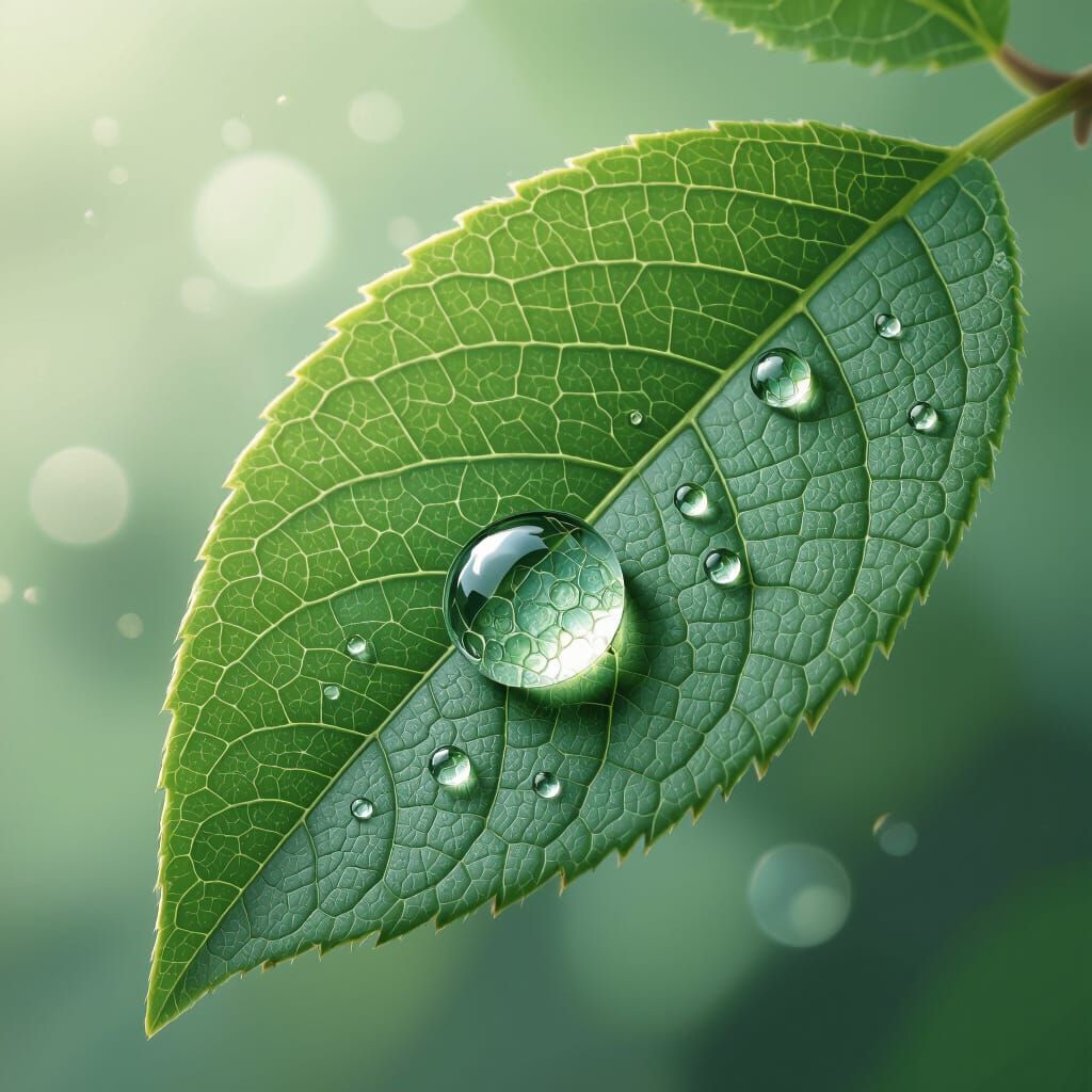 Detailed Dewdrop Reveals Leaf Structure: Digital Art