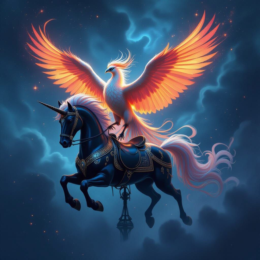 Majestic Phoenix on Obsidian Horse in Cosmic Nebula
