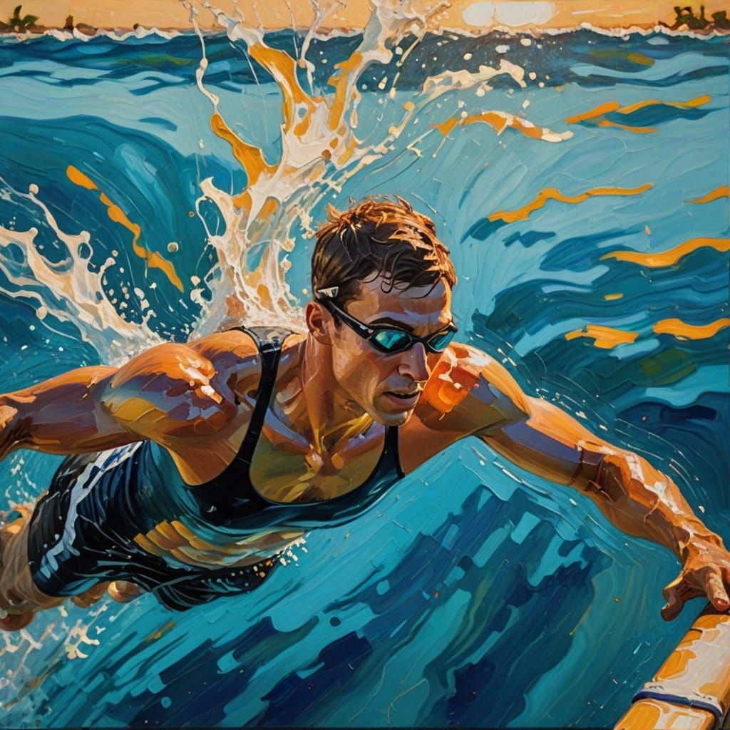 Impressionist Swimmer Diving into Pool with Ocean View