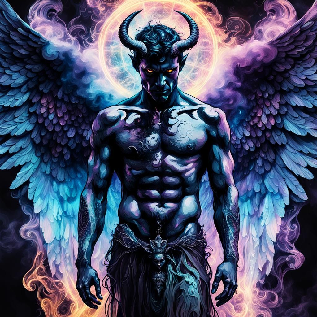 Ethereal Angel and Demon Embrace: Holographic Illustration