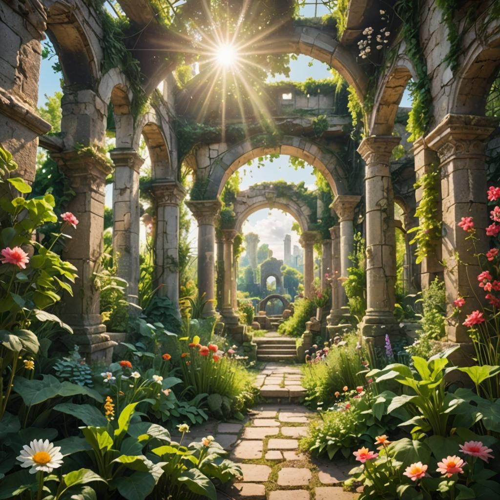 Enchanted Secret Garden with Sunlit Ruins