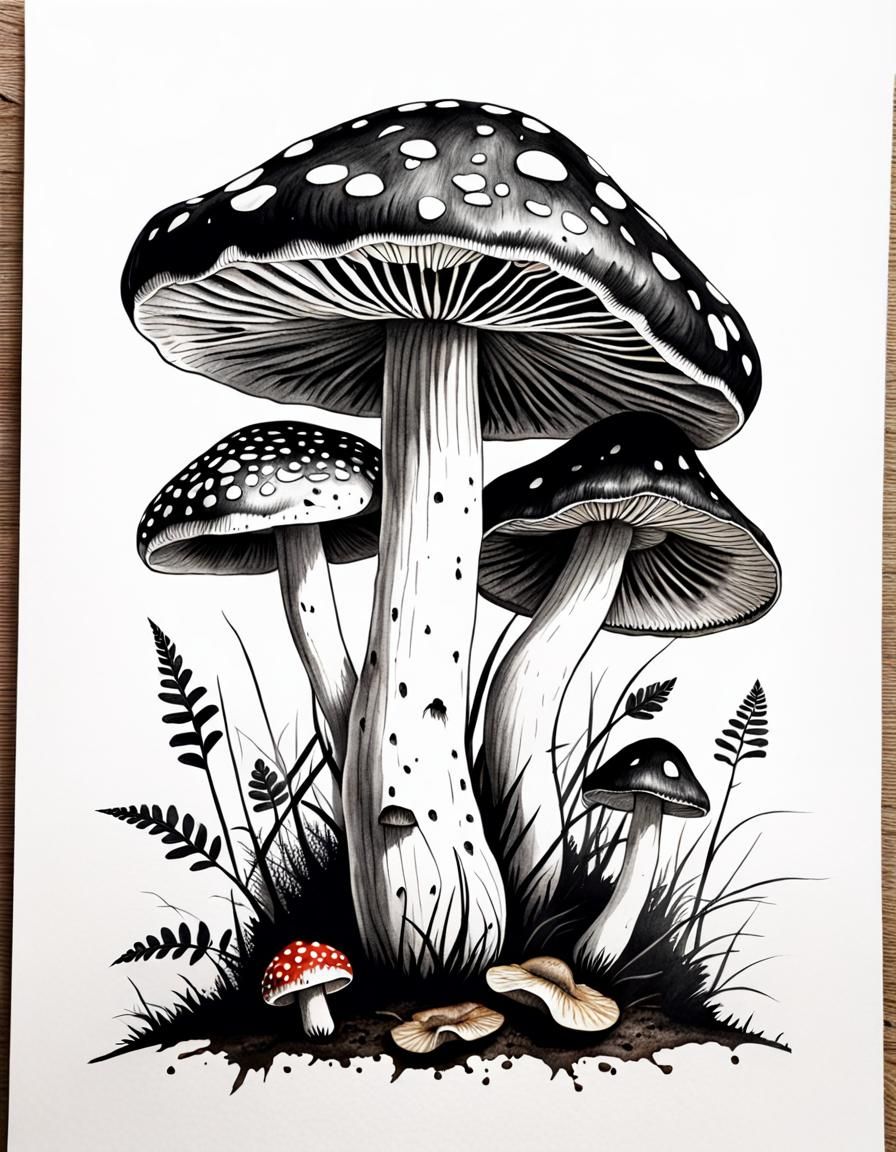 Amanita Muscaria Mushroom Ink Drawing