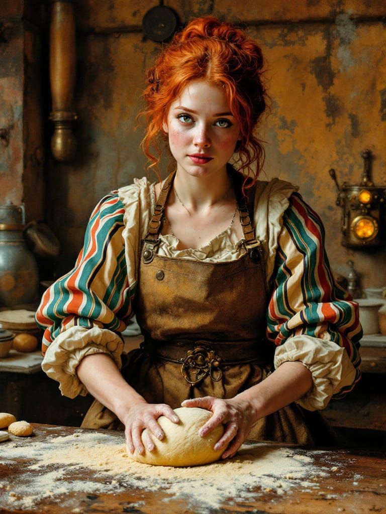 Redhead Baker Kneading Dough in Steampunk Kitchen