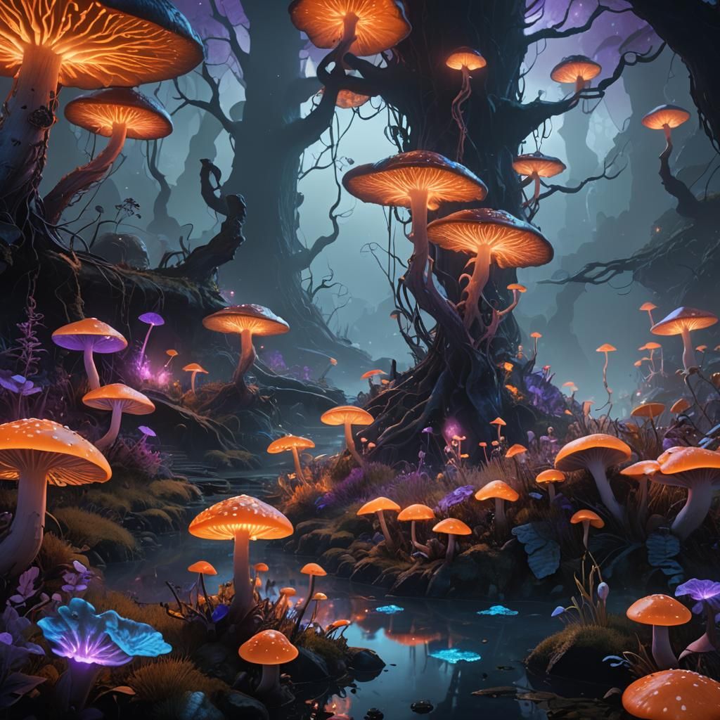 Bioluminescent Flora in Dark Fantasy Landscape
