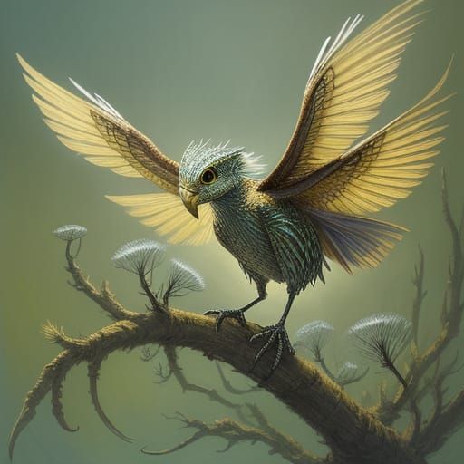 Whimsical Fantasy Reptile on Windswept Branch