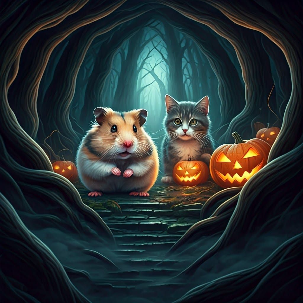 Hamster and Cat in Spooky Halloween Scene