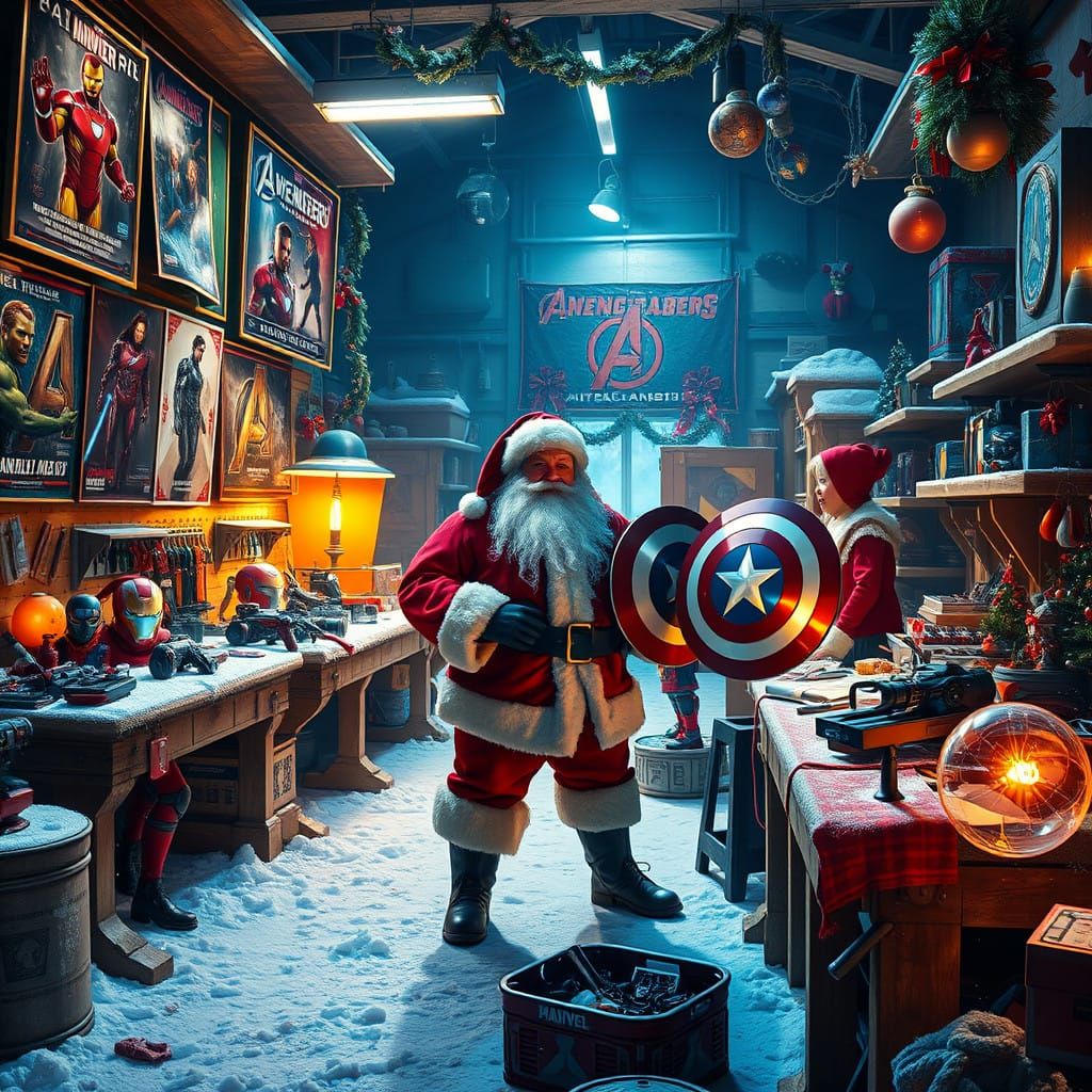 Festive Marvel-Themed Christmas Workshop Scene