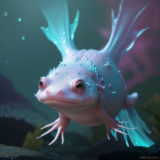 Cute Axolotl in Bioluminescent Water: Oil Painting Style