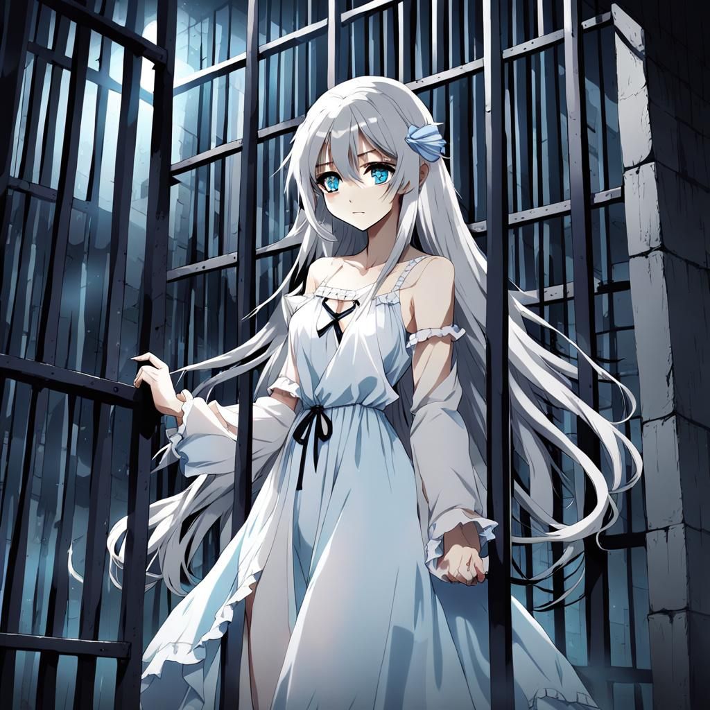 Silver Haired Girl Reaching in Ominous Anime Prison
