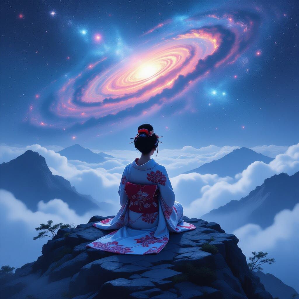 Geisha Meditating Under Galaxy in Ethereal Style