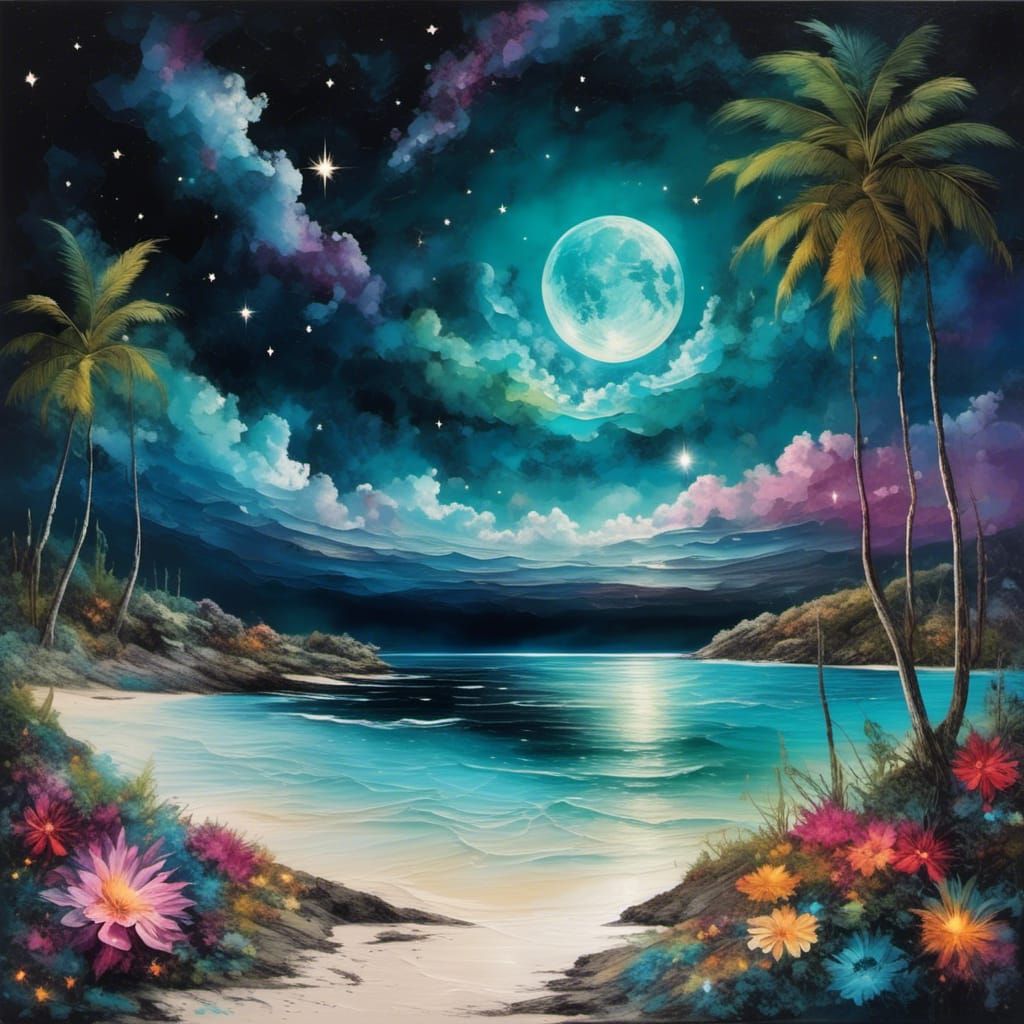 Moon Over Maldives: Tropical Flowers and Cosmic Sky