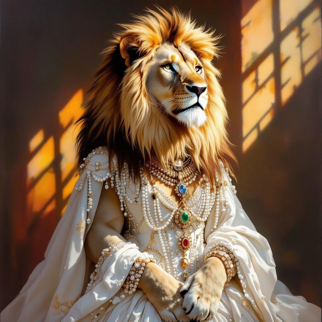 Majestic Lion in Beaded Glass Dress with Gold Jewelry
