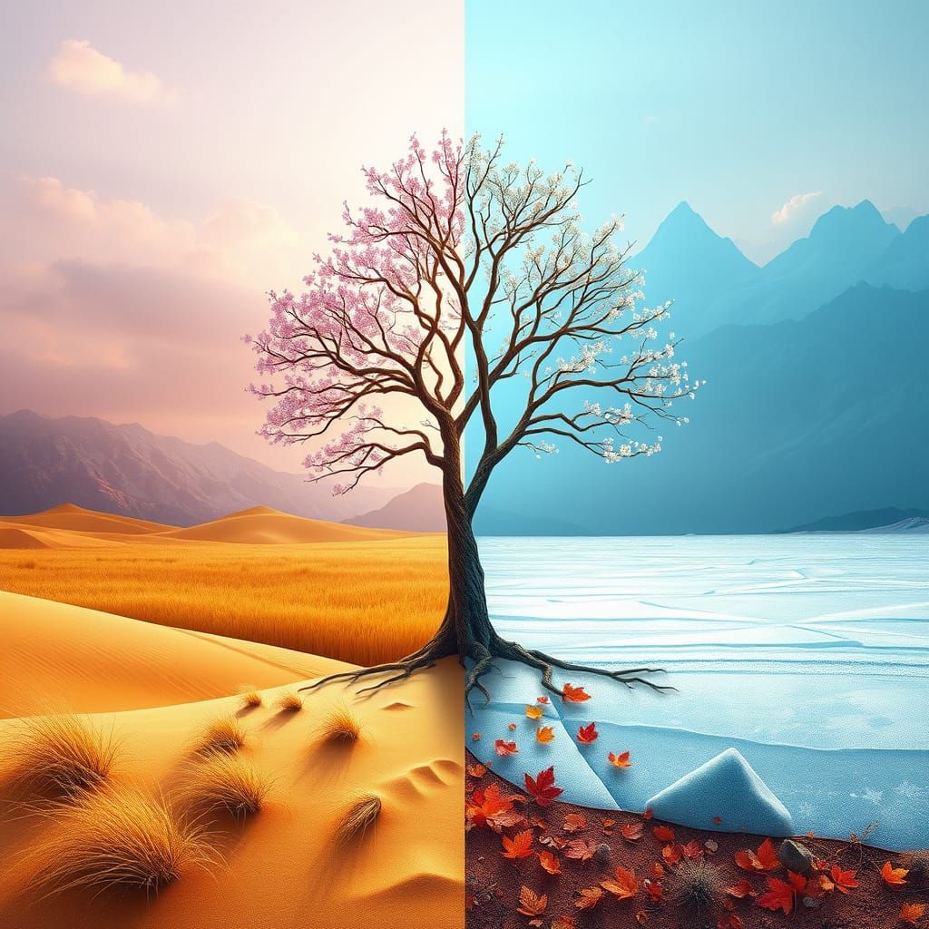 Converged Seasons Landscape with Tree Figure