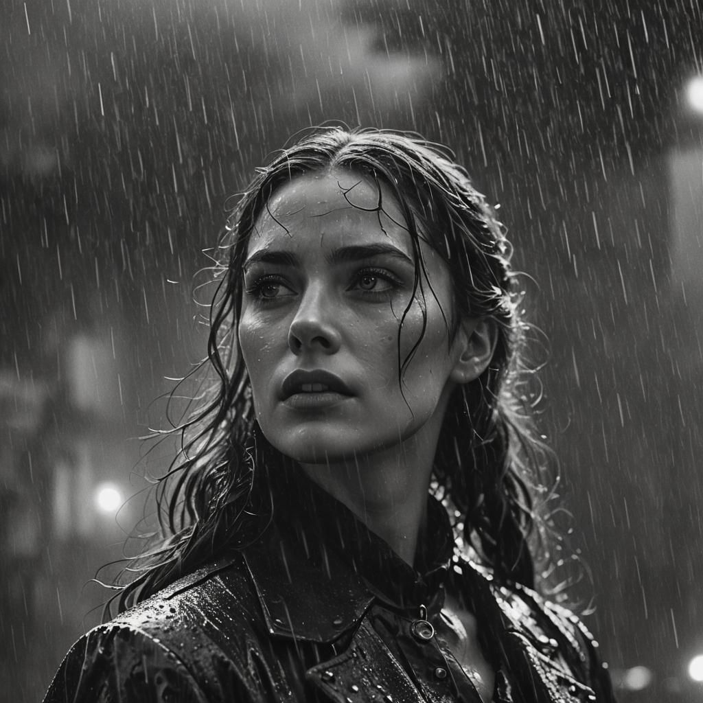 Eerie Portrait of Girl in Rain, Vintage Movie Style