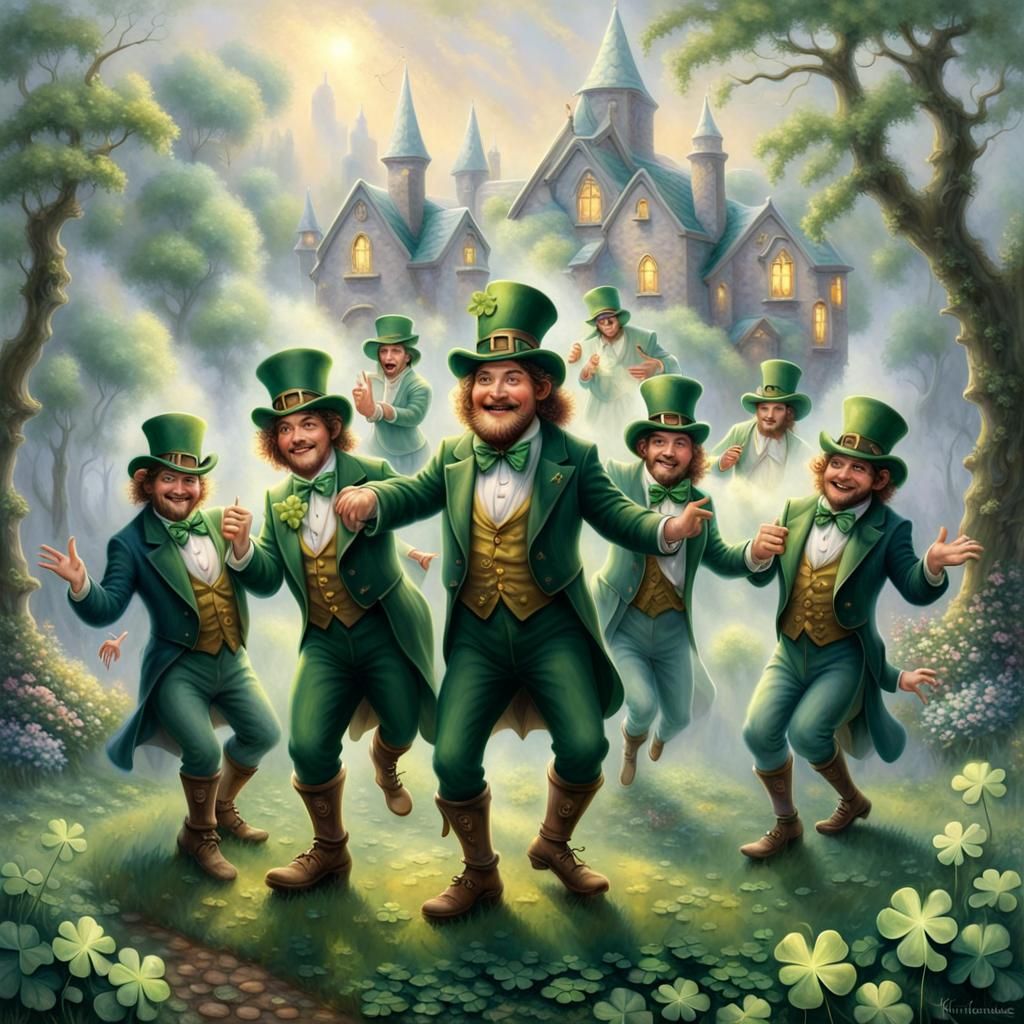 Five Irish leprechauns dancing around a very large four lead clover 🍀