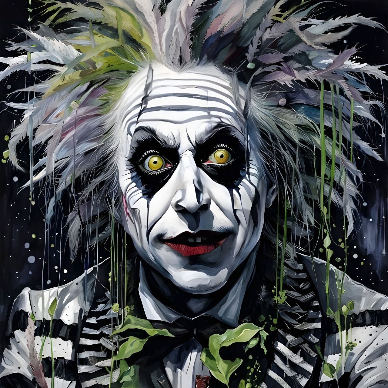 Detailed Beetlejuice Portrait in Mixed Media Style