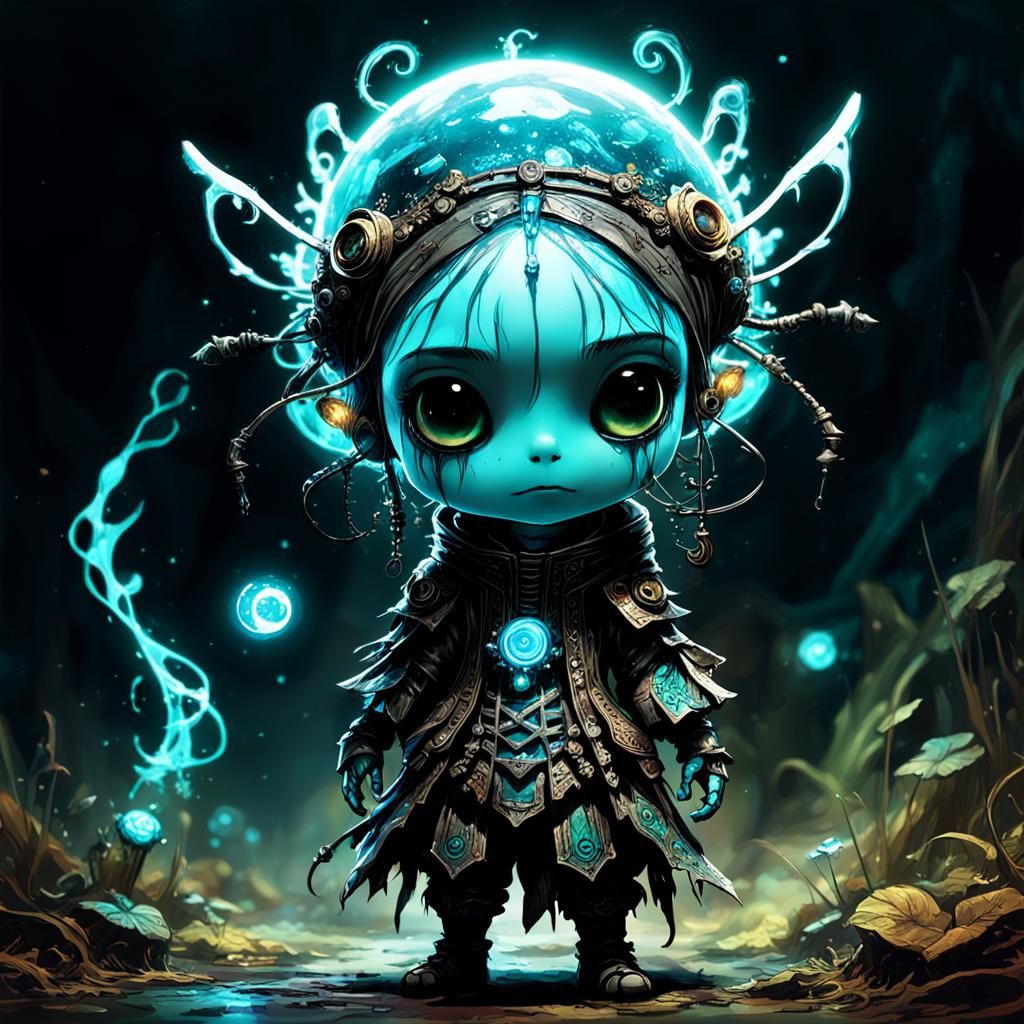 Bioluminescent Chibi Character in Gothic Art Style