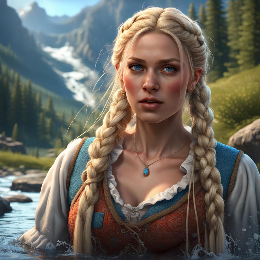 Blonde Woman Bailing Water in Swiss Alps, 3D Art