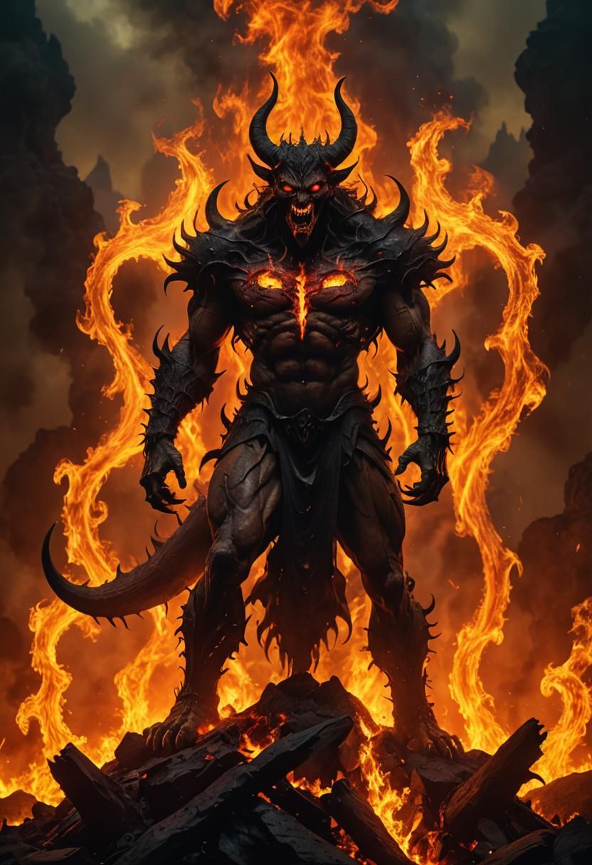 Realistic Demon in Hellish Landscape Digital Painting