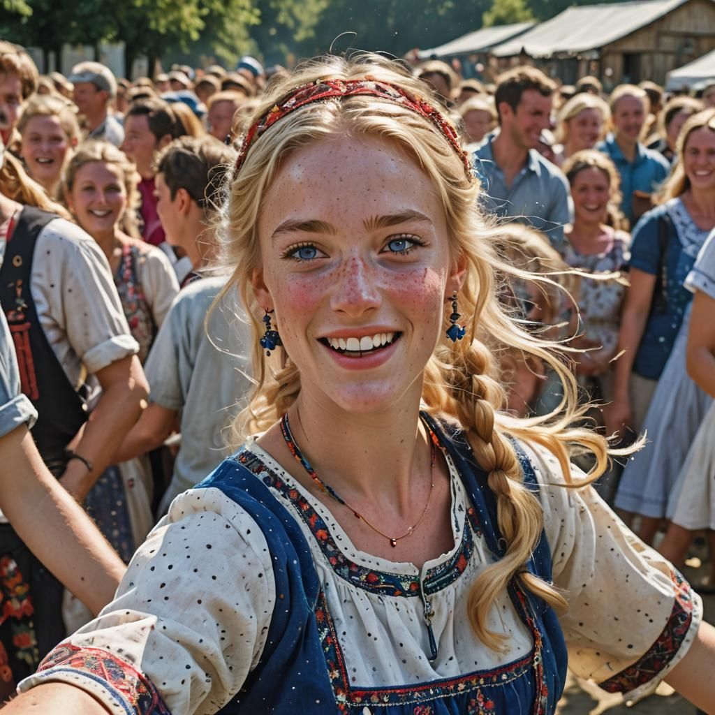 Joyful Blonde Woman Dancing at Village Festival