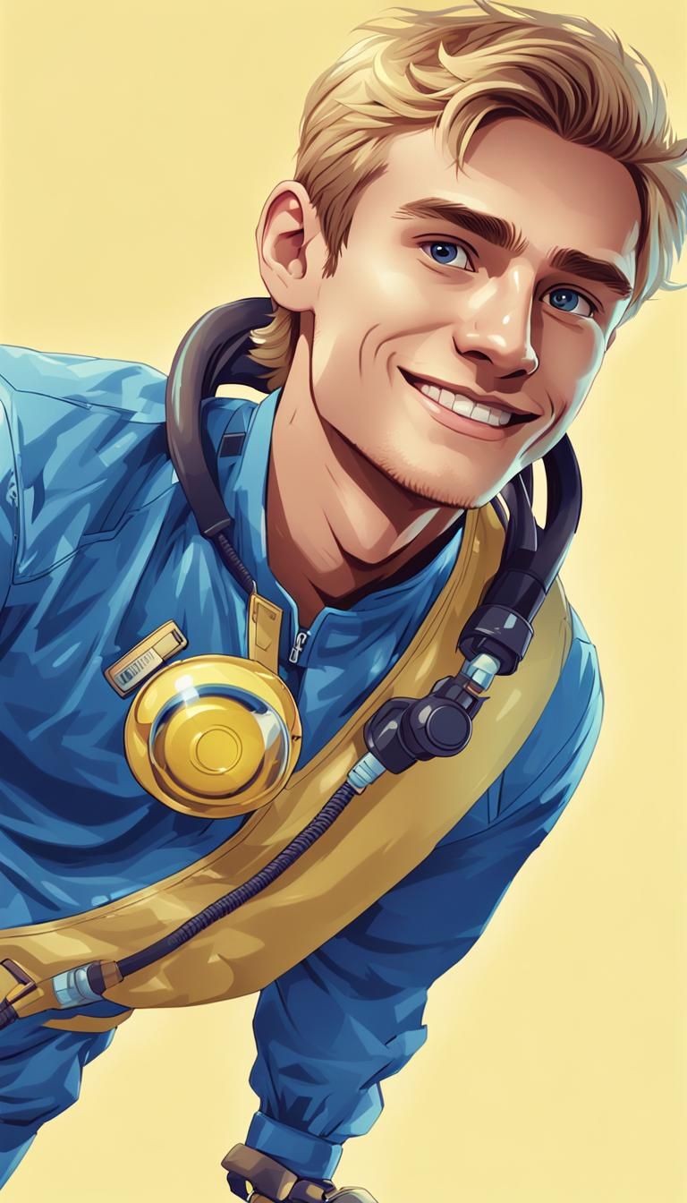 Handsome Blond Man in Blue and Yellow Jumpsuit