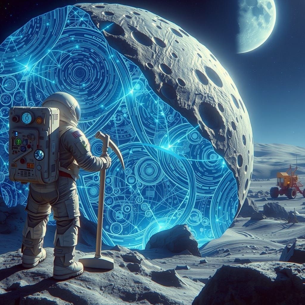 Astronaut and Glowing Moon Rock in Synthwave Style