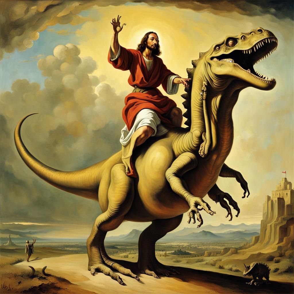 Jesus Rides a Dinosaur in Dali Style