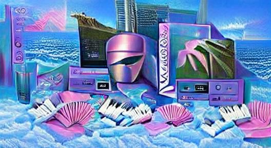 Vaporwave Dreamscape with Neon and Retro Elements
