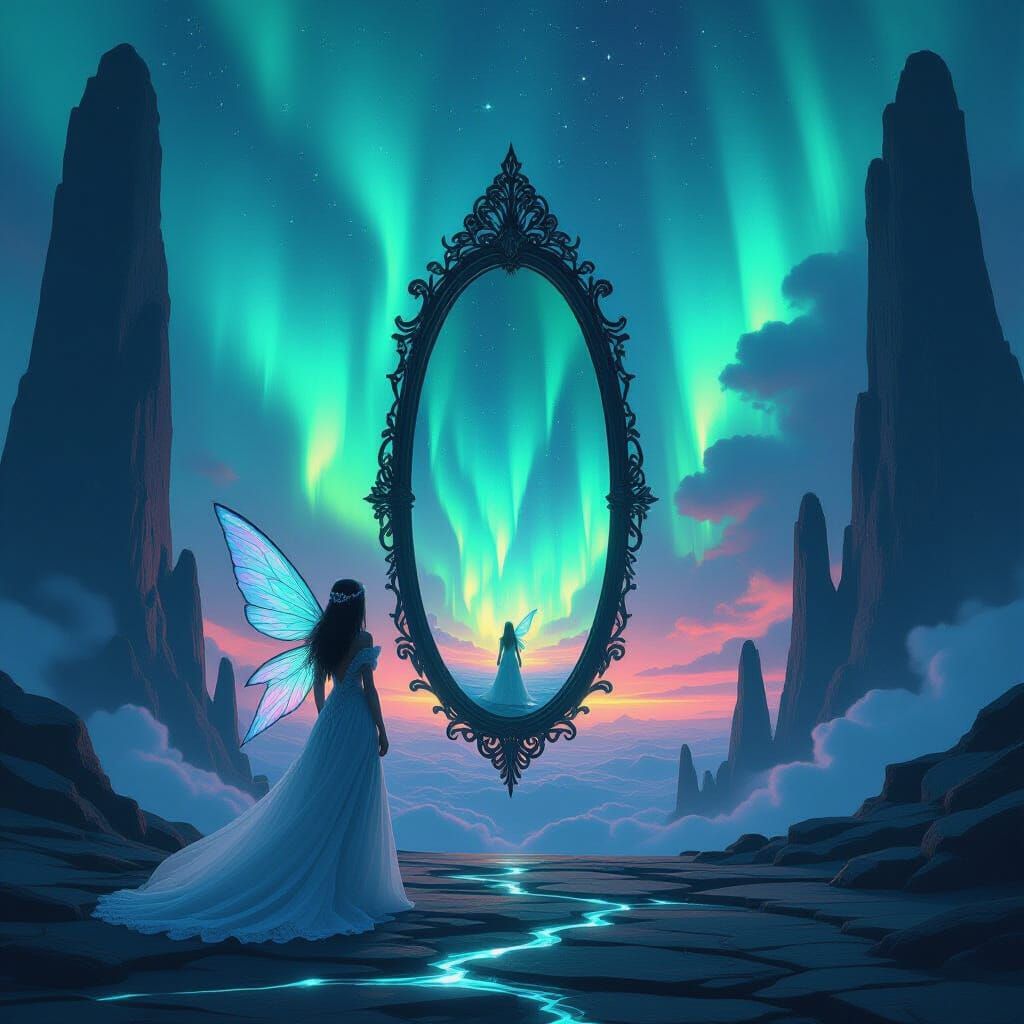 Ethereal Figure Before Ornate Mirror Under Aurora Sky