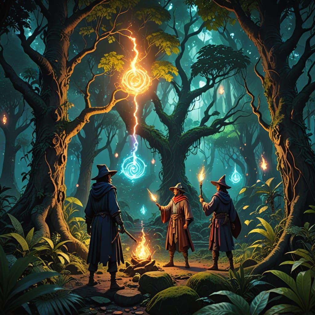 Wizards Cast Spells in Vibrant Jungle Clearing