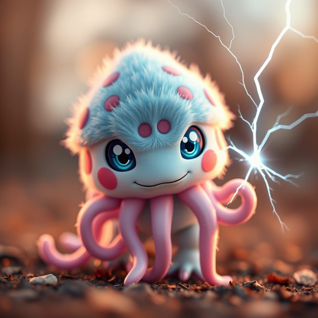 Kawaii Digimon with Jellyfish-Inspired Tentacles in Warm Eve...