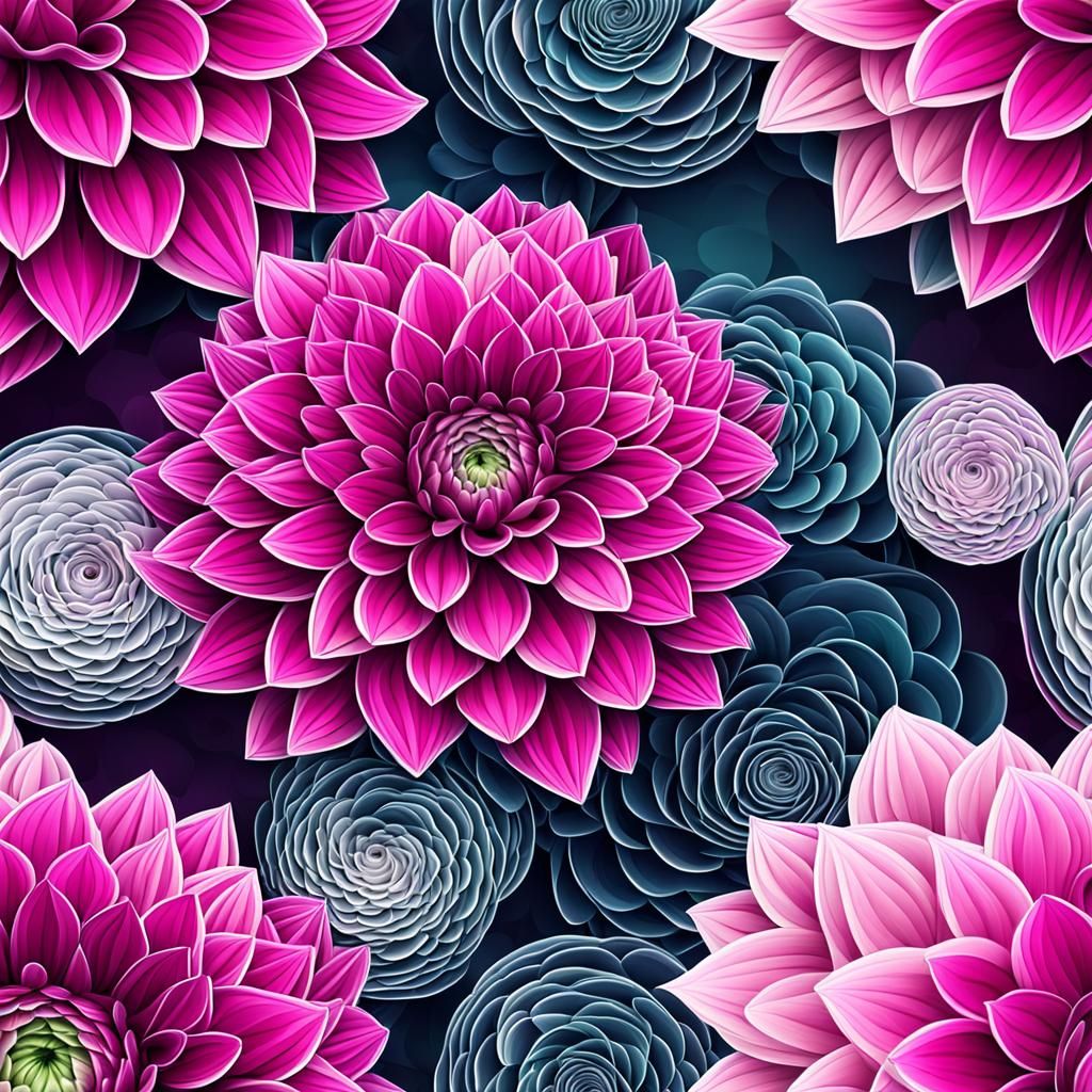 Fuchsia Dahlias and Ranunculus Bouquet in Abstract Vector St...