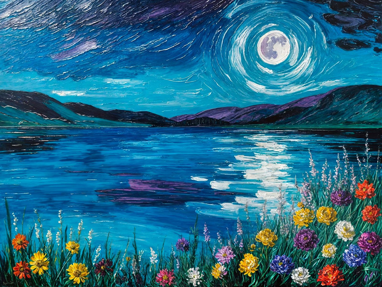 Serene Moonlit Landscape Oil Painting with Vibrant Flowers