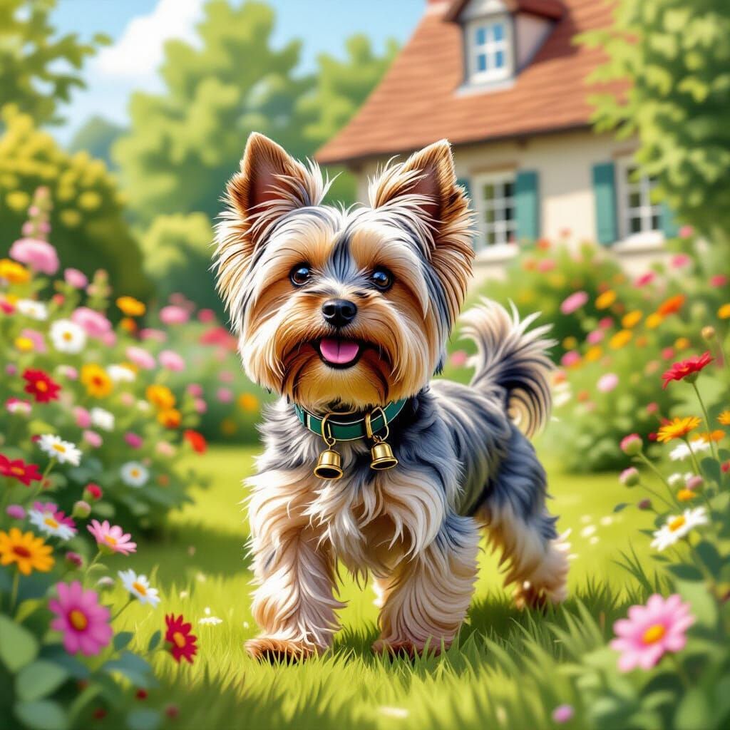 Yorkshire Terrier in Summer Garden, Beatrix Potter Style