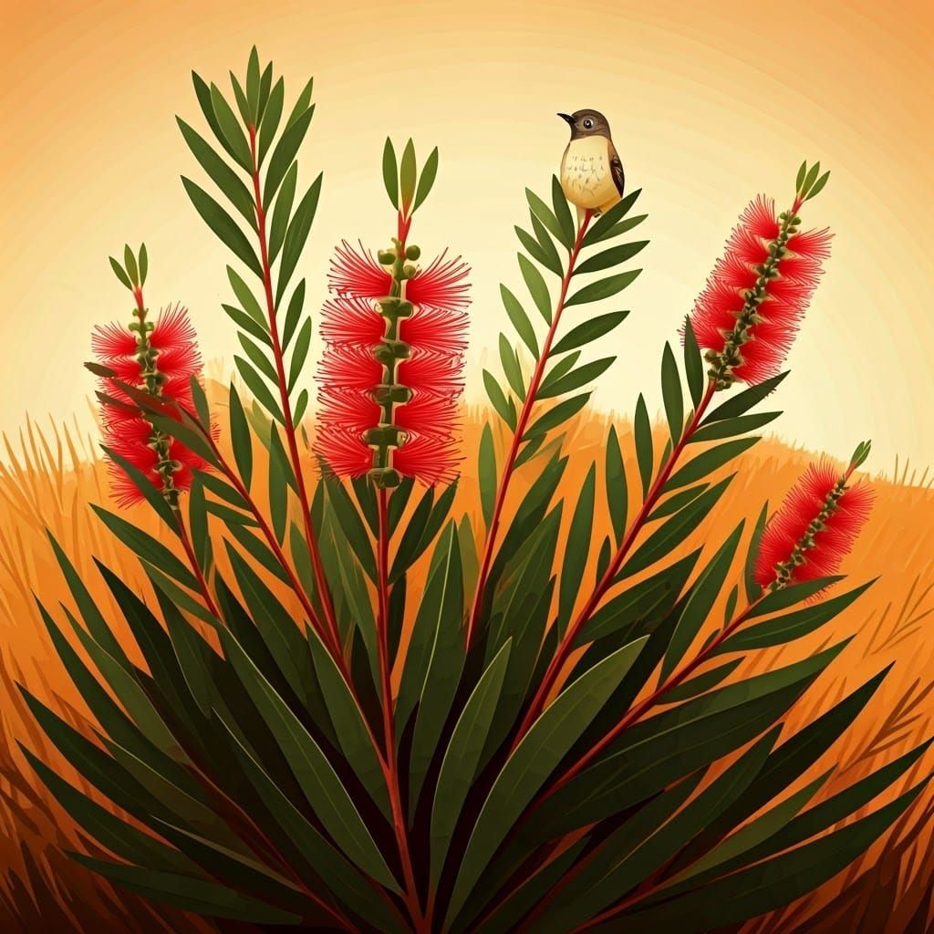 Bottlebrush and Bird in Impressionist Style