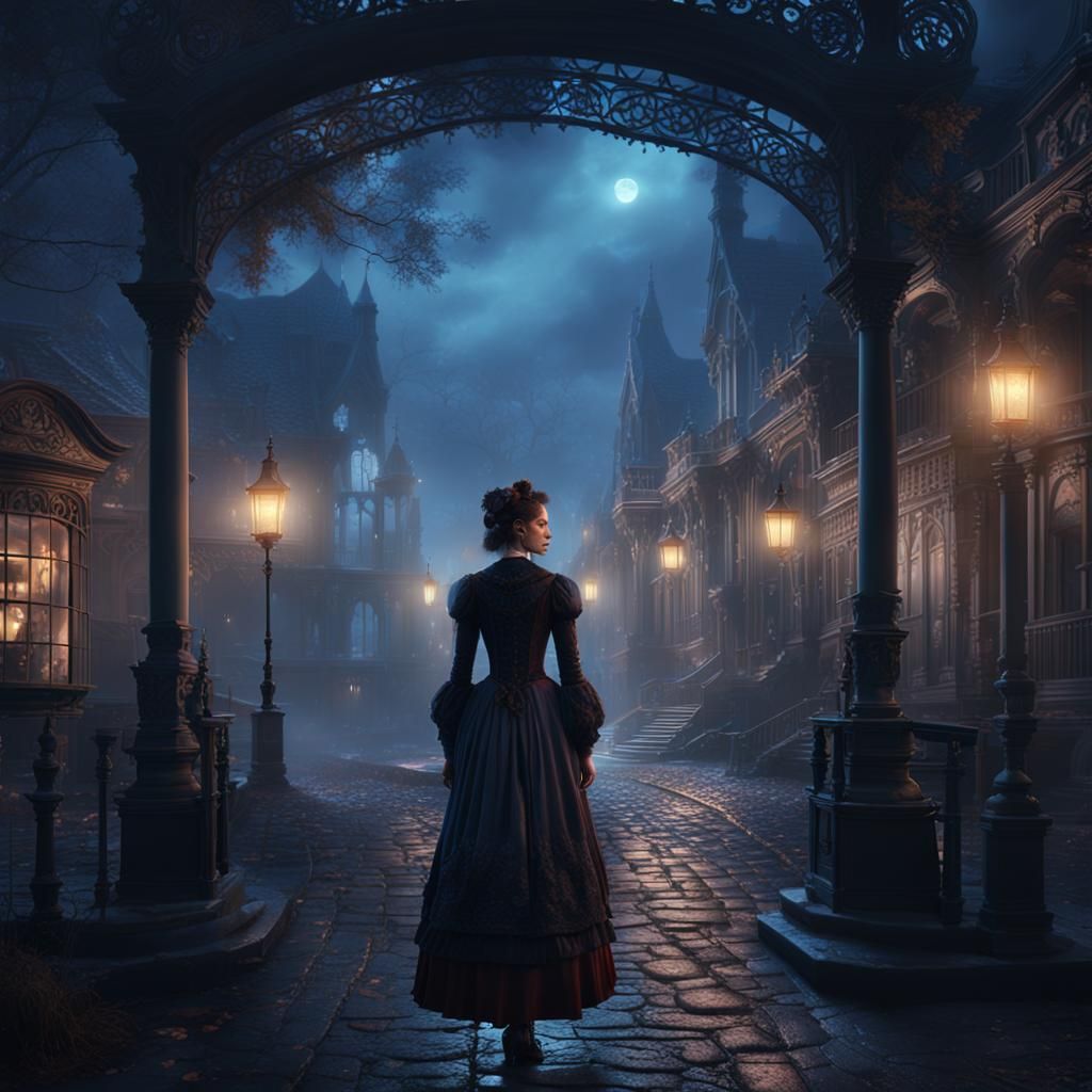 Fog Girl in Victorian Town: Detailed Matte Painting