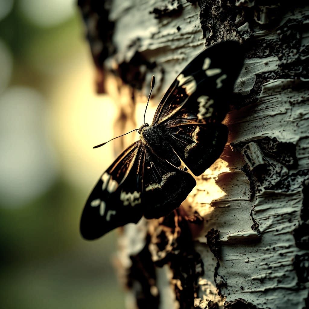 Black Night Moth Butterfly on Birch Bark in Macro Close-Up