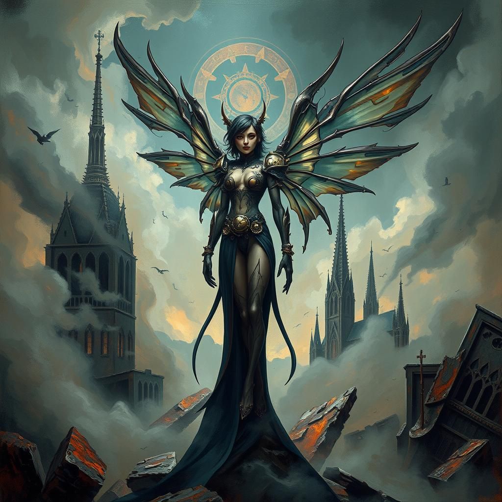 Aetherpunk Elf Angel in Dystopian Sci-Fi Landscape as Impast...
