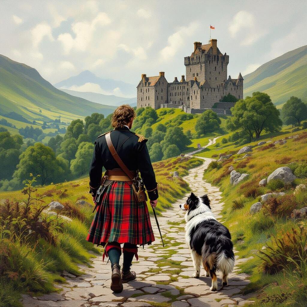 Scottish Man and Dog Walking to Castle: Romanticism Style