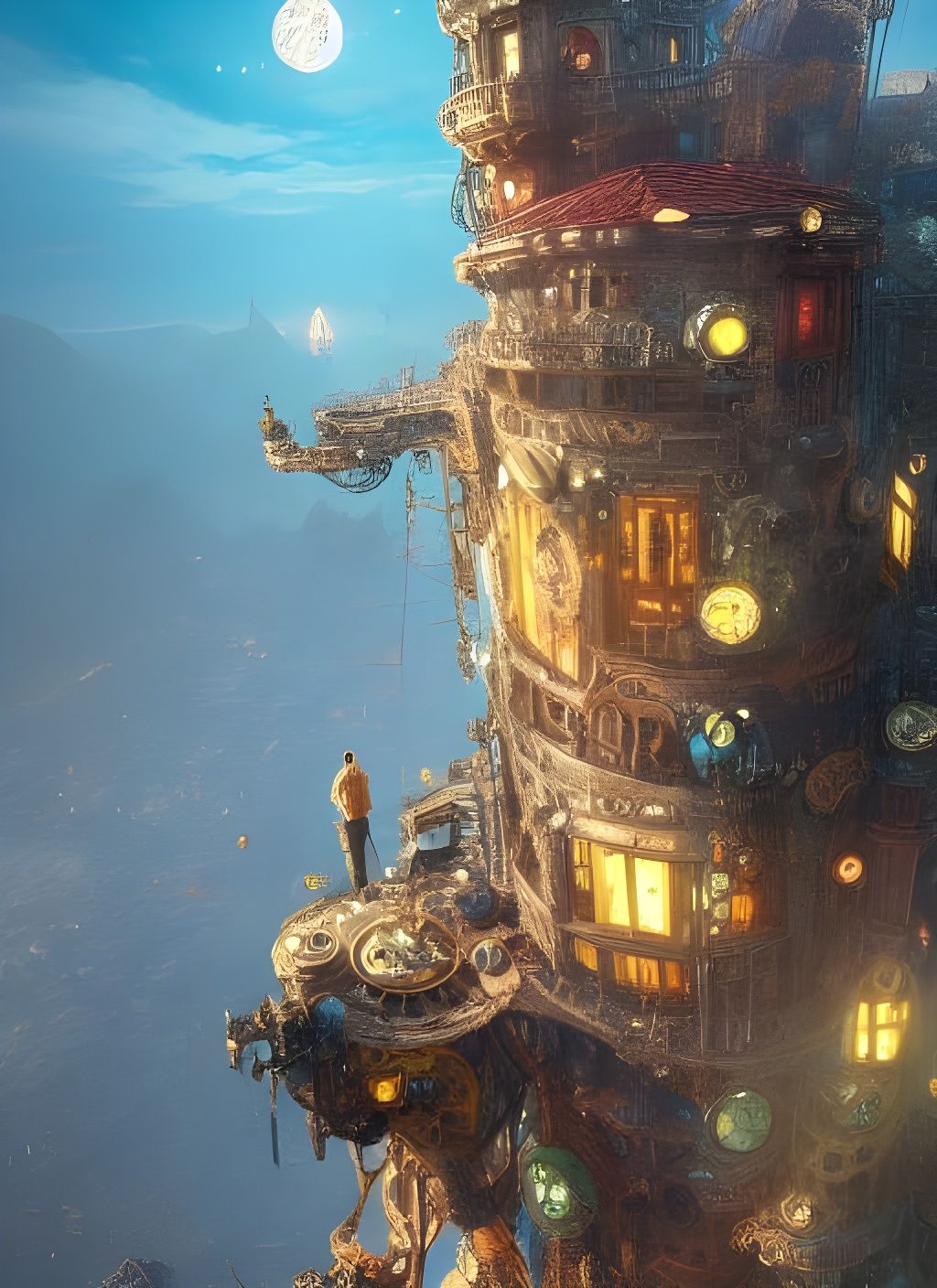 Steampunk City on Mountain Lake, Surreal Art