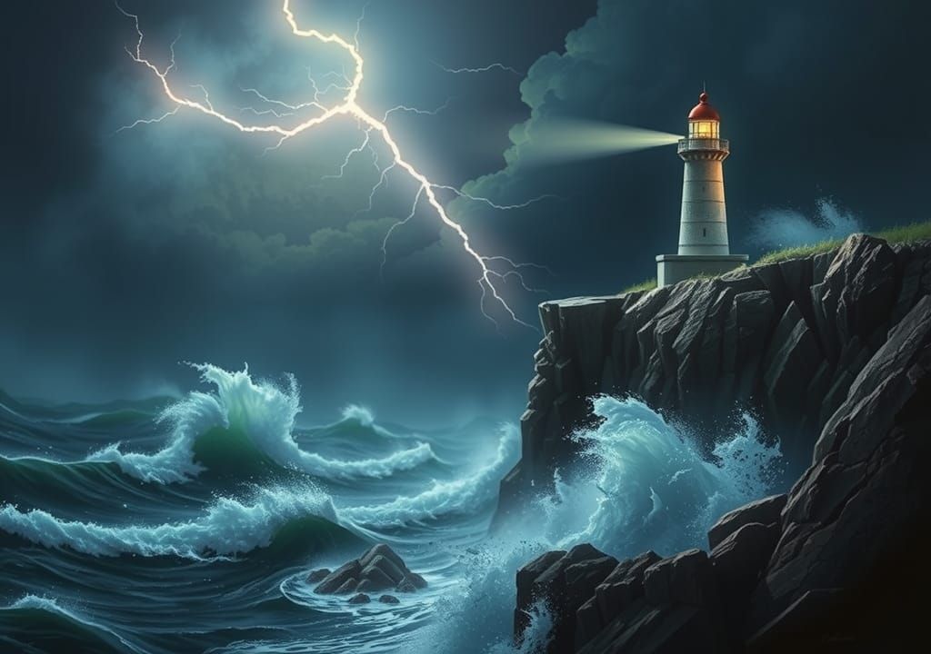 Lighthouse in Stormy Seas: A Dramatic Coastal Scene