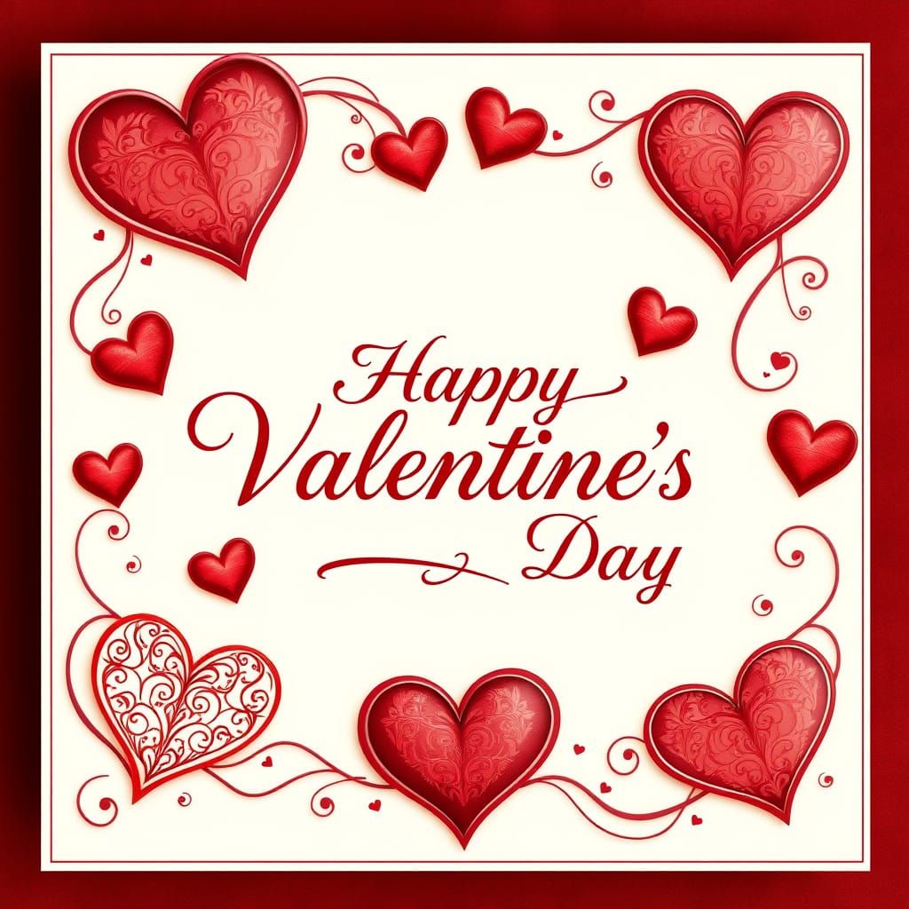 Luxurious Valentine's Day Greeting Card in Rich Red and Crea...