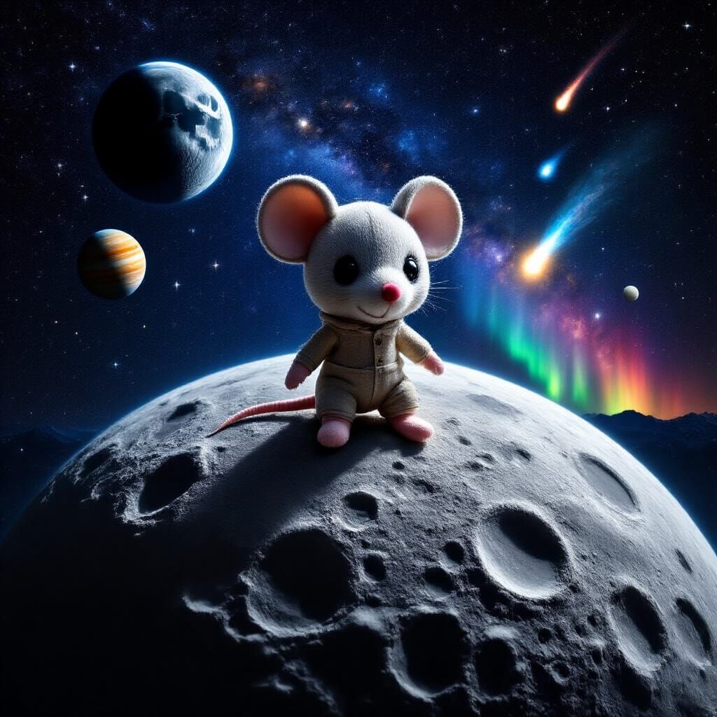 Chibi Mouse on Moon in Starry Night Sky
