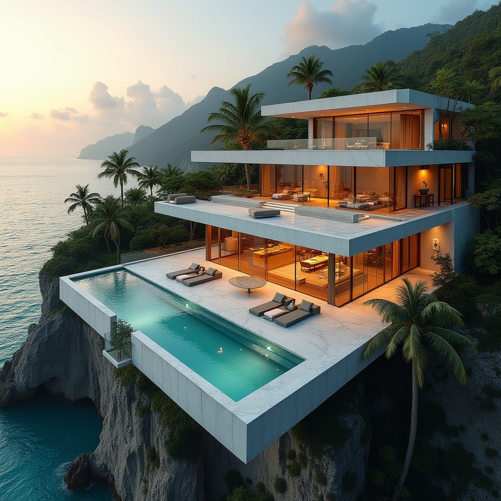 Surreal Modern Mansion Suspended Over Cliffside Oasis