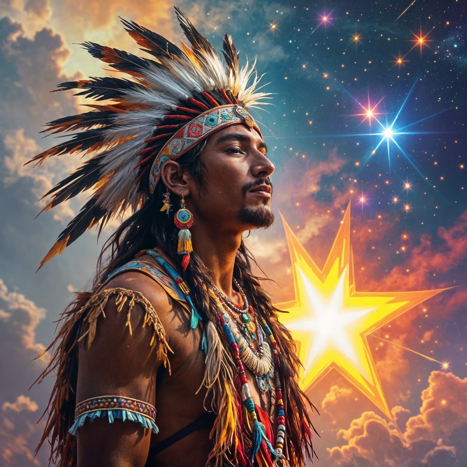 Native American Descending Towards Bright Star