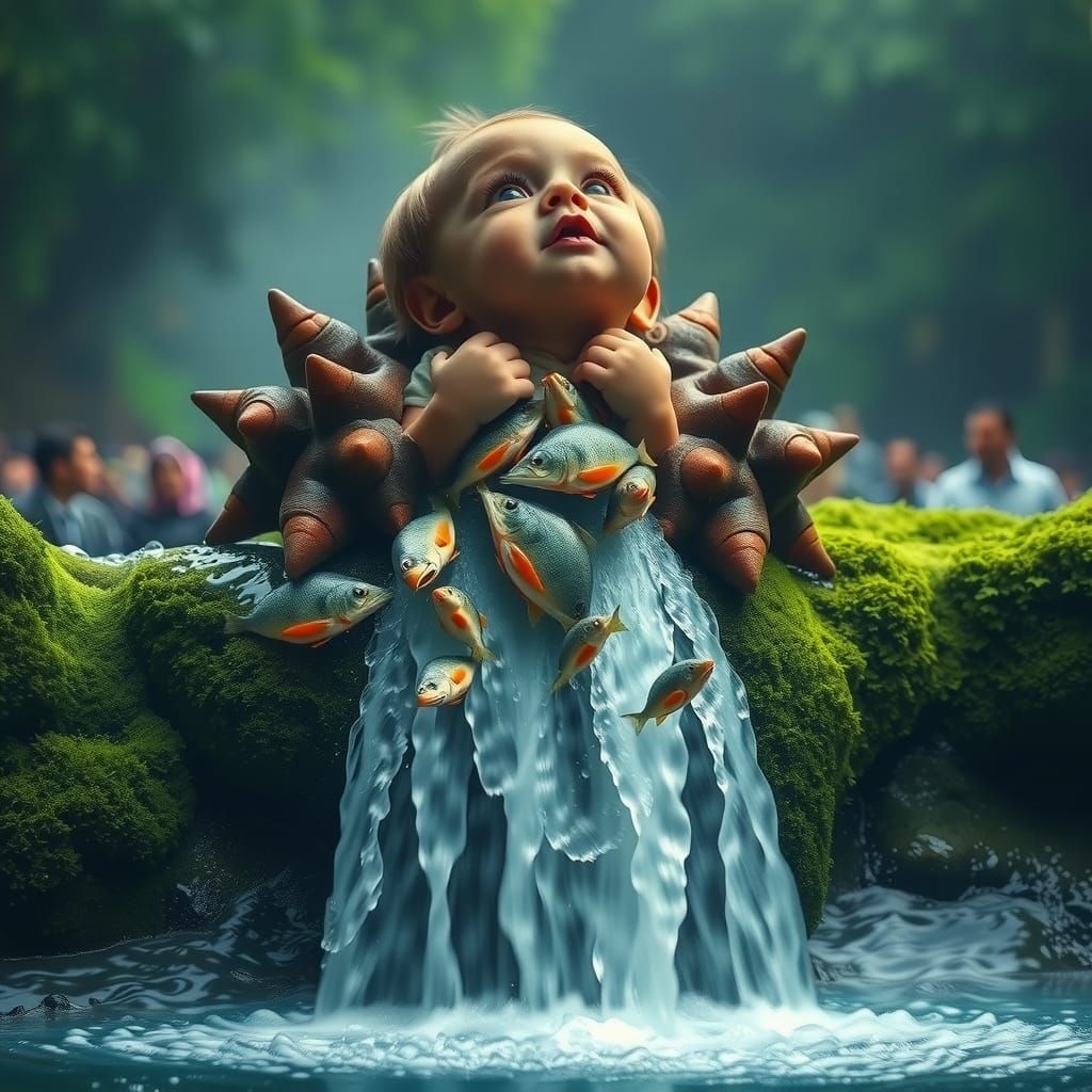 Child Vomiting Fish Creates Waterfall