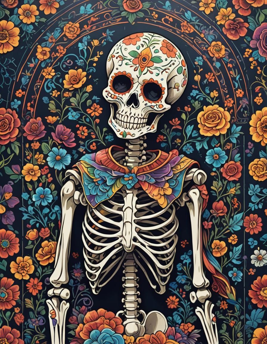 Day of the Dead Folk Art Skeleton in Anime Style