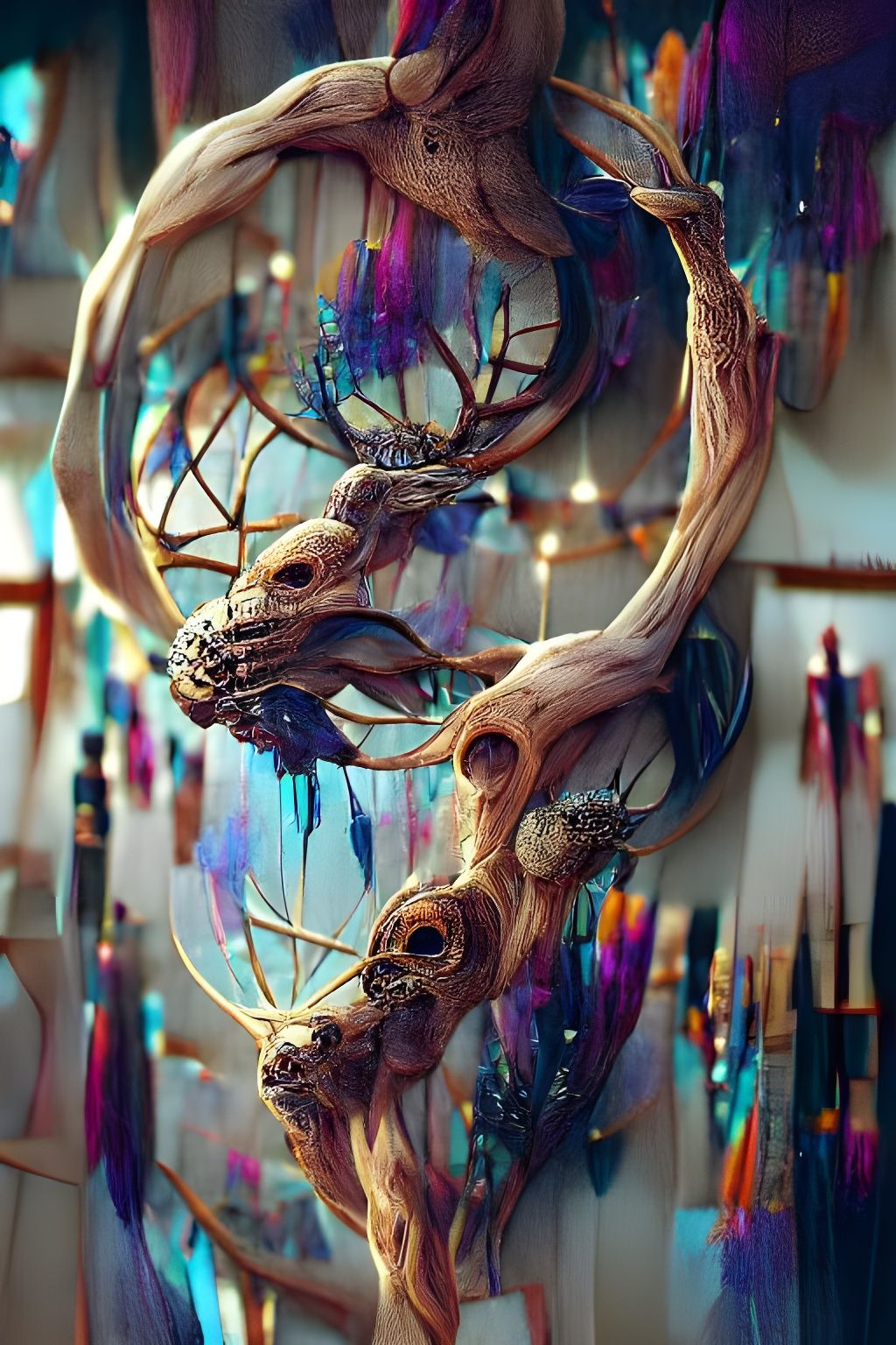 Driftwood Dreamcatcher Art in Twilight, Maximalist Style